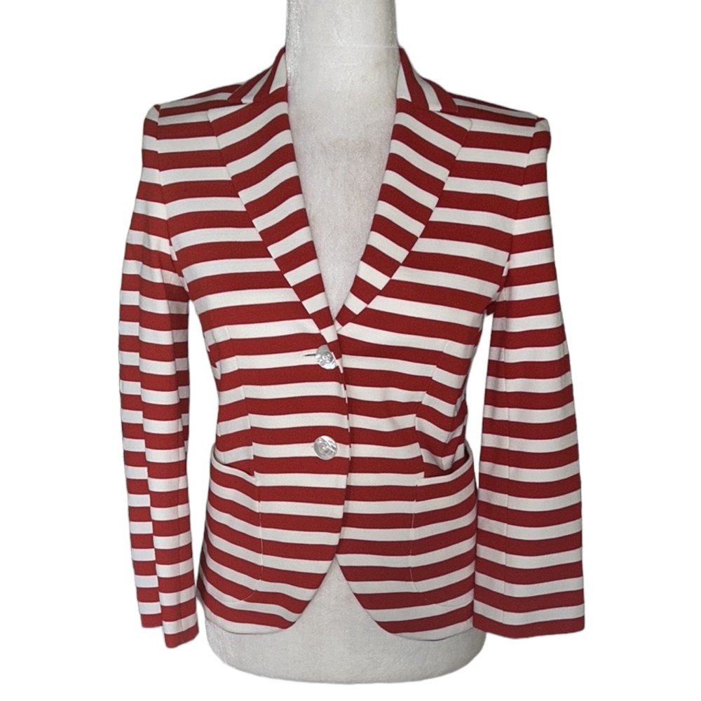 Escada Red & White Striped Ponte Knit Cropped Blazer - 4